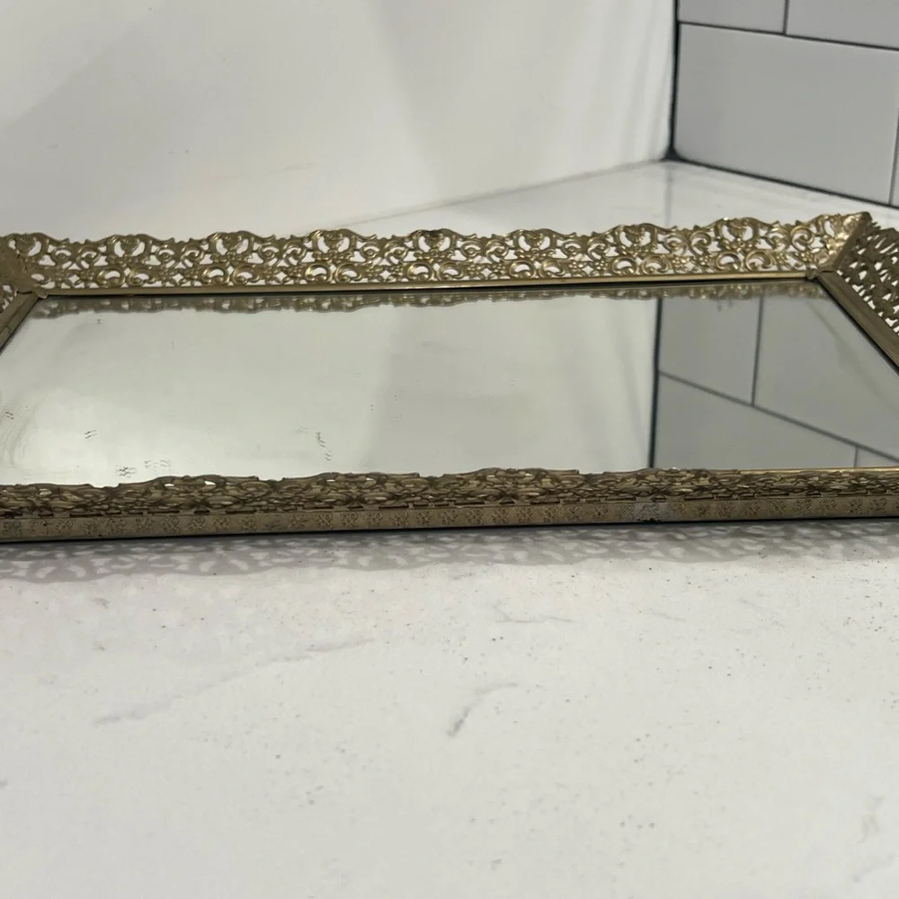 Vintage Gold Filigree Vanity Dresser Hollywood Regency Mirror Tray